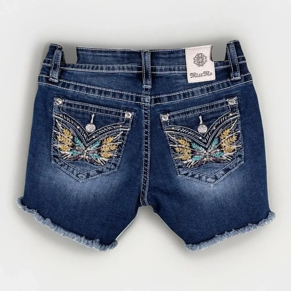 Y2K Miss Me Butterfly Cutoff Bling Rhinestone Denim Shorts Sz 27 - Picture 1 of 6